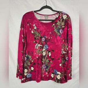 Chico's Floral Pink 3/4 Sleeve Boxy Knit Cottagecore Sweater Top sz 3P (XLP)